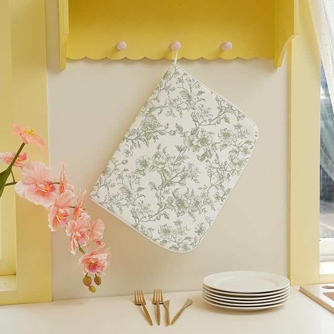 Sage Green Dish Drying Mat 18 x 24 Inch Chinoiserie Light Green Floral Drying Mat for Kitchen Counter Absorbent Spring Summer Flowers Dishes Dry Pad for Drainer Rack Kitchen Fast Dry