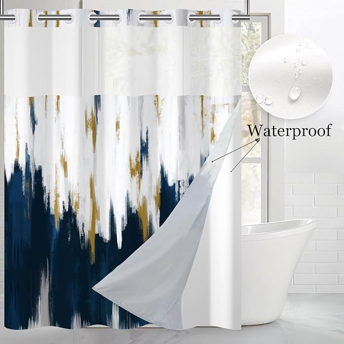 No Hook Shower Curtain with Snap in Liner, Hotel Style Navy Blue White Gold Brush Strokes Art Modern Shower Curtain Waterpoof Washable with See Through Top Window,71"x86"