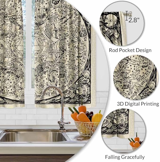 Planets Kitchen Curtains Old Astrology Ink Drawing Short Tier Curtains for Bathroom Cafe Small Window Drapes Treatment 2 Panels (27.5x39 Inch)