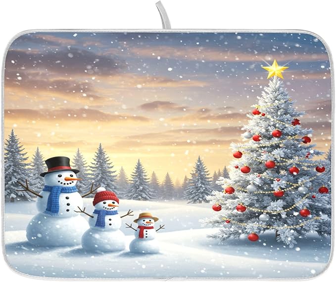 Christmas Tree and Snowman Dish Drying Mat for Kitchen Counter Absorbent Microfiber Small Winter Snowflakes Drying Pad Dish Mats for Kitchen Countertops 16 x 18 Inch
