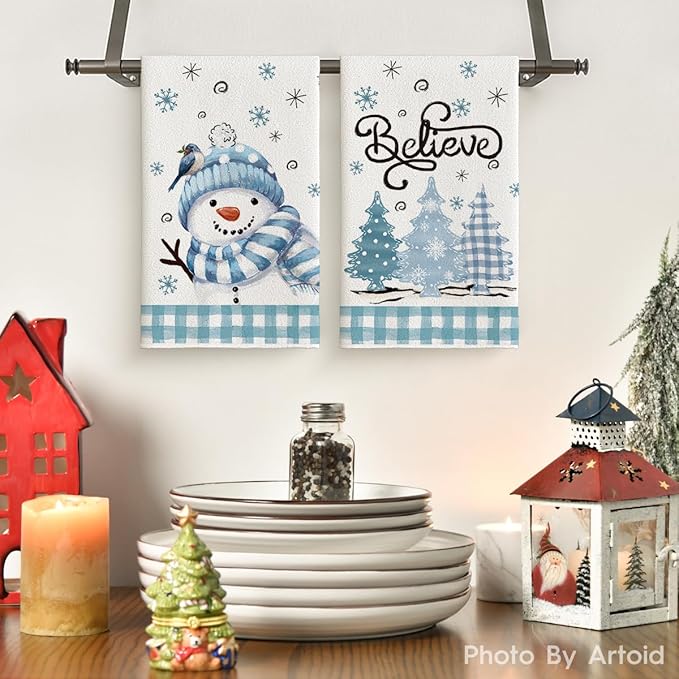 Artoid Mode Beige Blue Xmas Tree Snowman Christmas Kitchen Towels Dish Towels, 18x26 Inch Holiday Bird Believe Winter Decoration Hand Towels Set of 2