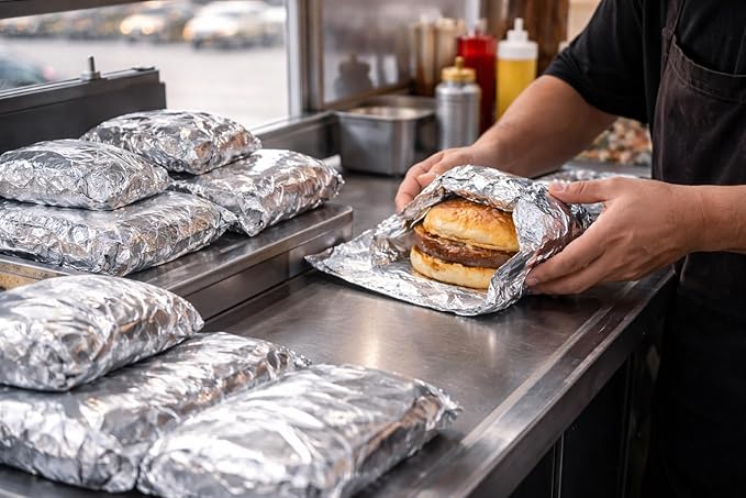 ANGEL’S PEEL LOUNGE Insulated Aluminum Foil Hamburger Bags - Precut Tin Foil Wraps For Burgers, Sandwiches, Hot Dogs, Heavy Duty Non Stick Grease-Resistant Food Wrapping, 6” x 11/8” x 61/2 100 PACK