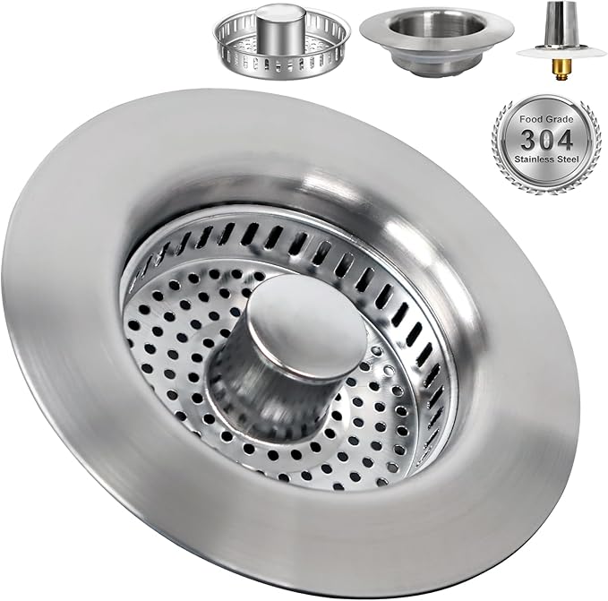 The Ultimate Kitchen Sink Solution: 3-in-1 Drain Strainer & Stopper. 304 Stainless Steel, Anti-Clogging, Anti-Odor for US Standard Drains. Easy Clean!(1)