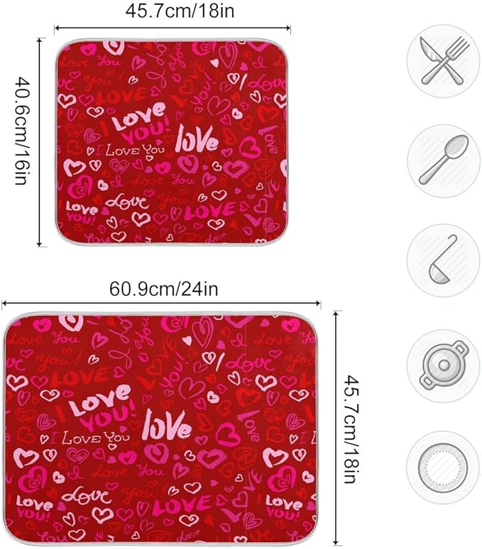 Happy Valentine's Day Dish Drying Mat for Kitchen Red Pink Heart Love Words Microfiber Drying Mats Absorbent Reversible Dish Pad Large Dish Draining Mat 18x24 inch