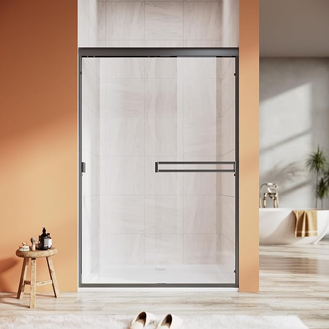 Shower Door 44-48 in. W x 72 in. H, UCALAFEE Semi-Frameless Double Sliding Shower Door with 1/4" (6mm) SGCC Clear Tempered Glass, Silent Soft-Close & Anti-Leak Walk-in Shower Door, Matte Black