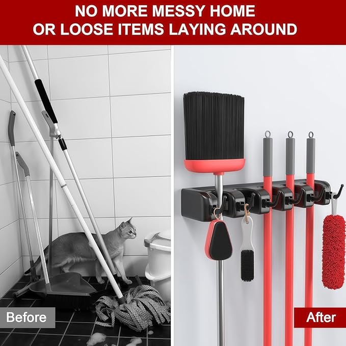 Wall Mount Broom and Mop Holder, Heavy Duty Long Handle Garden Tool Organizer with Hooks & Slots, Garage Storage Wall Hanger for Shovel, Rake, Kitchen, Laundry & Shed