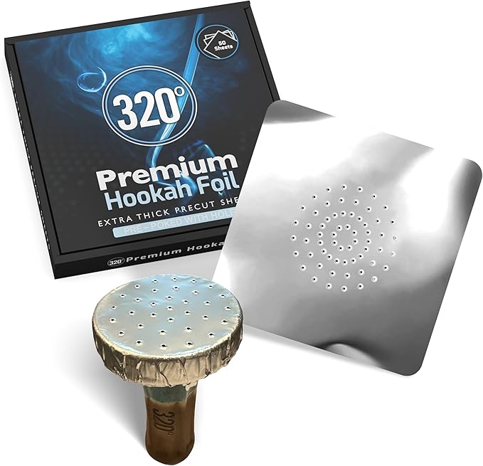 Hookah Foil Sheets with HOLES - Extra Thick Shisha Hookah Aluminium Foil Sheets - 50 Sheets, 6 x 6 inches - 40 Micron thick! Nicotine Free