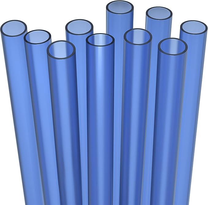 10 EXTRA WIDE Long Reusable Hard Plastic Drinking Straws + Cleaning Brush - Fat Thick Large Jumbo Straws for Smoothies and Milkshakes - Blue - Dishwasher Safe BPA Free