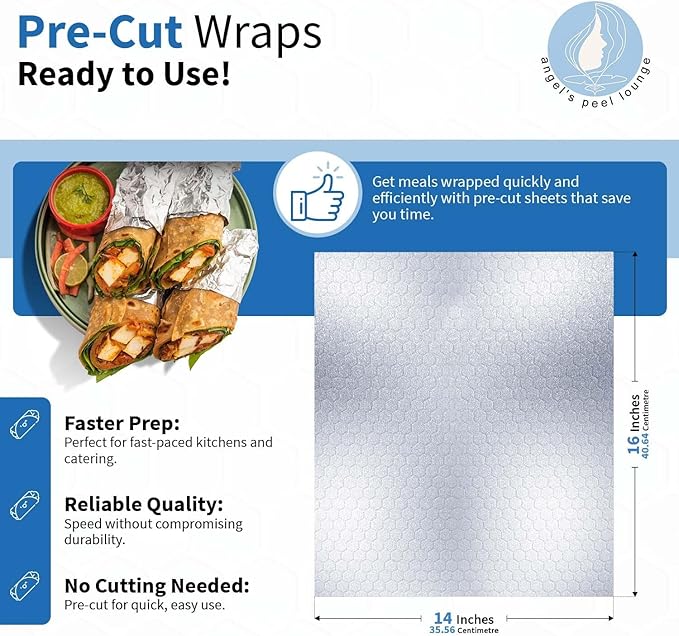 ANGEL’S PEEL LOUNGE Heavy Duty Aluminum Foil Sheets — Heat Retaining Tinfoil Sheets For Burritos, Sandwiches, Burgers, Hot Dogs, Precut Grease-Resistant Wrapping Paper For Food, 14inx16in 100 -PCS