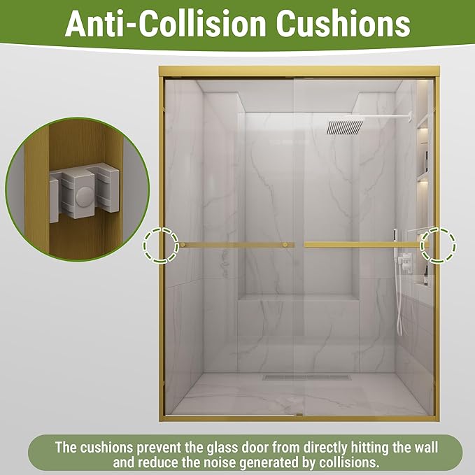 Shower Door 56-60" W * 72" H, Brushed Gold Double Sliding Shower Door with 1/4"(6mm) Tempered Glass, Shower Glass Door Easy to Clean