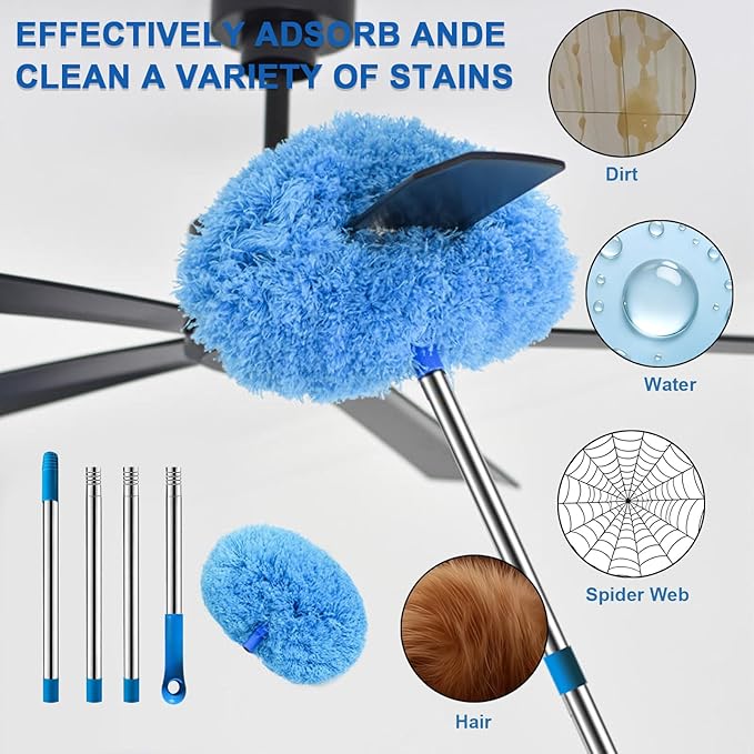 Ceiling Fan Cleaner Duster, Adjusts 16.3 to 62.6 Inch Cobweb Duster with Extension Pole, Fan Cleaning Brush, Fan Blade Cleaner, Suitable for Cleaning Walls, Window, Bookshelves, Door, Top (Blue)