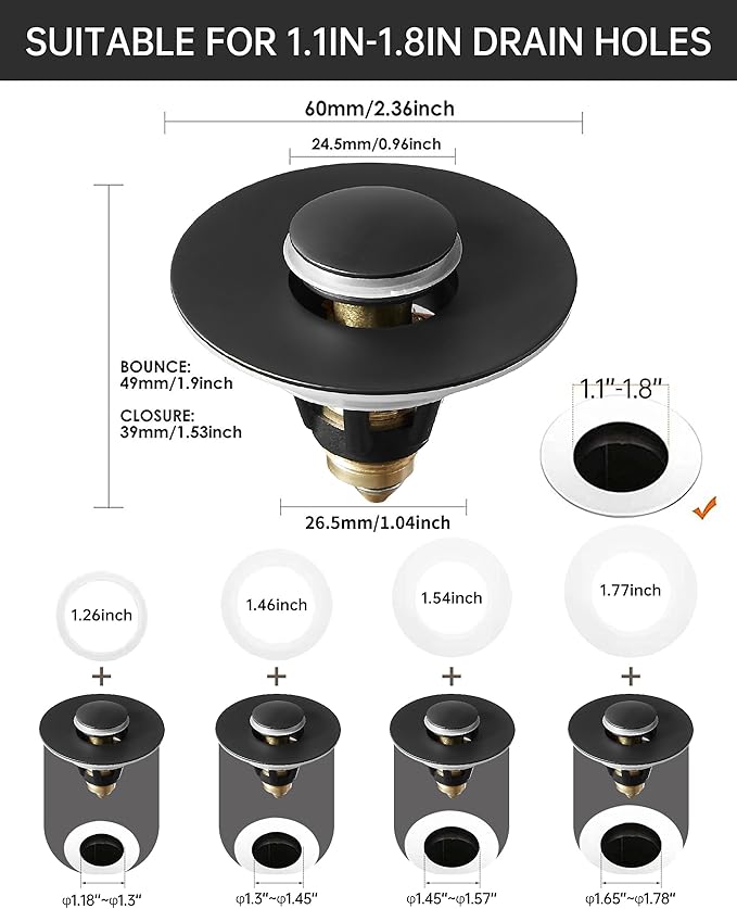 Fransiton Bathroom Sink Drain Stopper, 1.1-1.77 Inch Basin Pop Up Black Sink Drain Stopper, Anti Clogging Drain Plug with Detachable Hair Catcher Matte Black