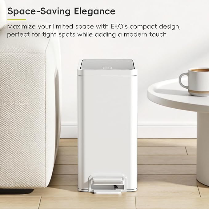EKO Slim Small Bathroom Trash Can with Lid, Stainless Steel Small Garbage Can with Removable Inner Bucket, 6L / 1.6 Gal, Step On Trash Bin (White)