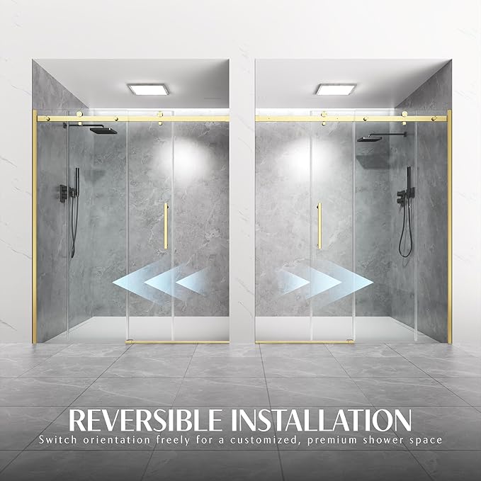 Shower Door Frameless 56-60'' W x 72'' H, Sliding Glass Door, 5/16 inch (8mm) Thickness Clear Tempered Glass for Walk-in Shower, Golden