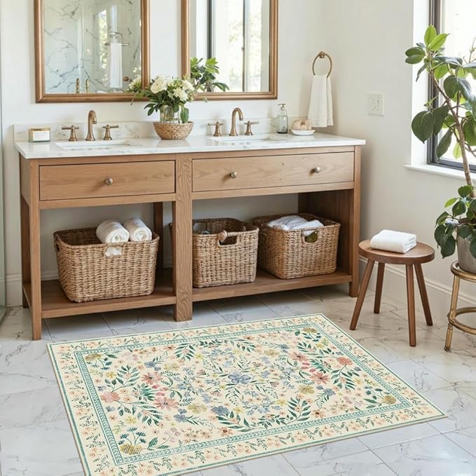 Door Mat Floral Entryway Rug, Washable Samll 2x3 Rug, Boho Green Front Door Mat, Non Slip Area Rugs, Low Pile Throw Accent Carpet for Indoor Entrance, Bathroom and Kitchen(Light Green 2x3ft)