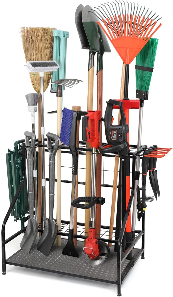Garden Tool Organizer for Garage, Yard Tool Storage, Garden Tool Rack, for Shed Home Outdoor, Up to 58 Long-Handled Tools, Garden Tool Stand, Heavy Duty Steel, Black