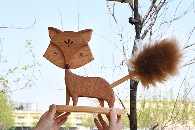 Cute Little Fox for Home Office Decor Small Wooden Feather Duster Lambswool Dusters for Cleaning with Decoration (Desktop Stand)