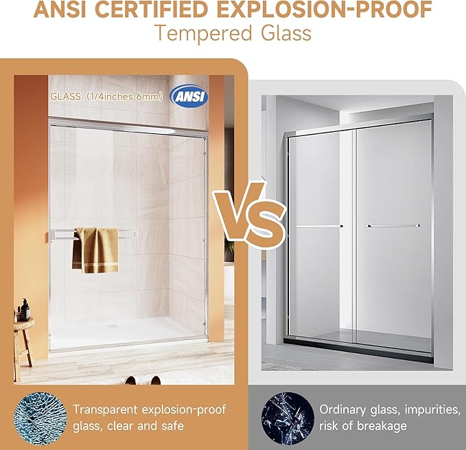 Shower Door 50-54 in. W x 72 in. H, UCALAFEE Semi-Frameless Double Sliding Shower Door with 1/4" (6mm) SGCC Clear Tempered Glass, Silent Soft-Close & Anti-Leak Walk-in Shower Door, Chrome Finish