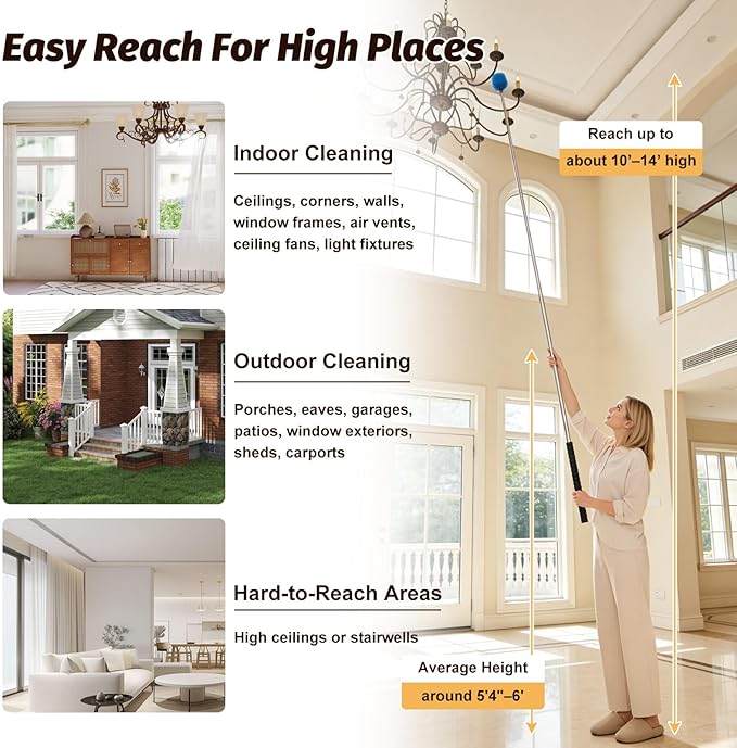 Cobweb Duster Brush with Extension Pole,Lightweight 5ft Long Spider Web Cobwebs Ceiling Fan Dust Cleaning Brush Kit with Washable Head for Furniture, Eaves, VentRoof House Cleaning up to 14ft