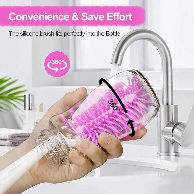 Bottle Brush Set with Drying Rack,Travel Bottle Cleaner Kit with Baby Bottle Brush,Straw Cleaner Brush,Nipple Brush-Baby Travel Essentials for Flying (Purple, Box-Shaped)
