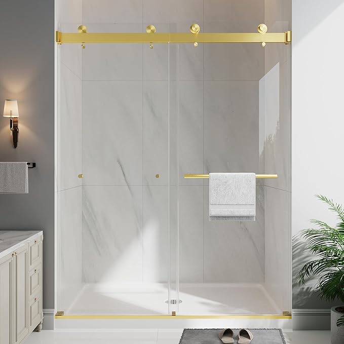 Frameless Double Sliding Shower Doors, 43-48" W x 76" H Shower Glass Door, 1/4" (6mm) Thick ANSI Certified Tempered Glass with Explosion-Proof Film and Nano Coating, Brushed Gold