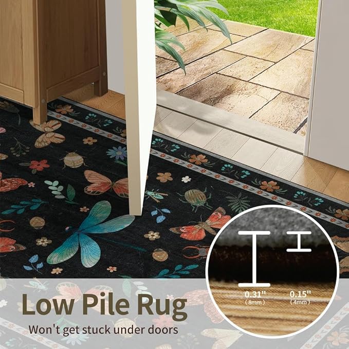 8x10 Washable Area Rugs for Living Room&Bedroom - Floral Boho Vintage Rug,Soft & Non-Slip,Low Pile Wool Carpet for Indoor Dining Room,Girls Room,Nursery Room and Kids Room(Black)