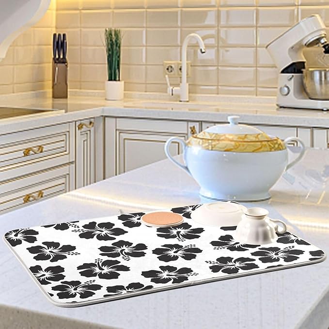 Tropical Hawaiian Hibiscus Flowers Dish Drying Mat for Kitchen Counter Absorbent Microfiber Drying Pad, Medium 16x18 in
