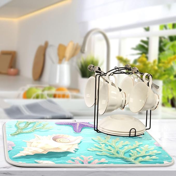 Coral Sea Shells Stars Pattern Dish Drying Mat for Kitchen Counter Super Absorbent Drying Mat 18x24 inch Large Dish Drying Matts for Countertop Protector Dishes Pad