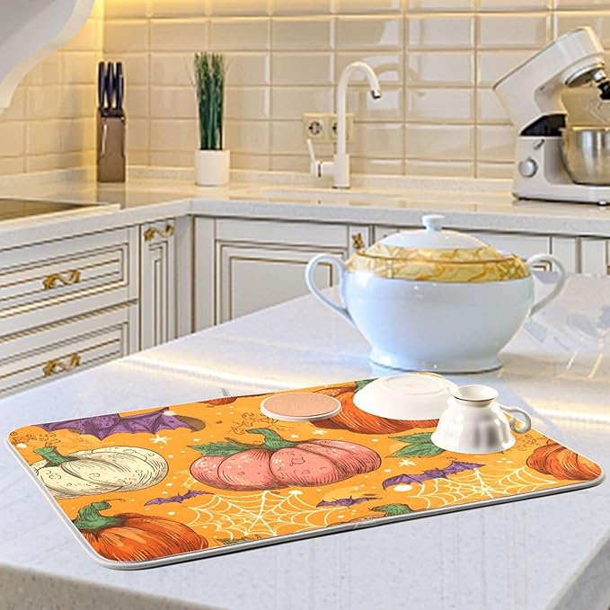 Halloween Colorful Pumpkin Pattern Dish Drying Mat for Kitchen Counter Super Absorbent Drying Mat 18x24 inch Large Dish Drying Matts for Countertop Protector Dishes Pad