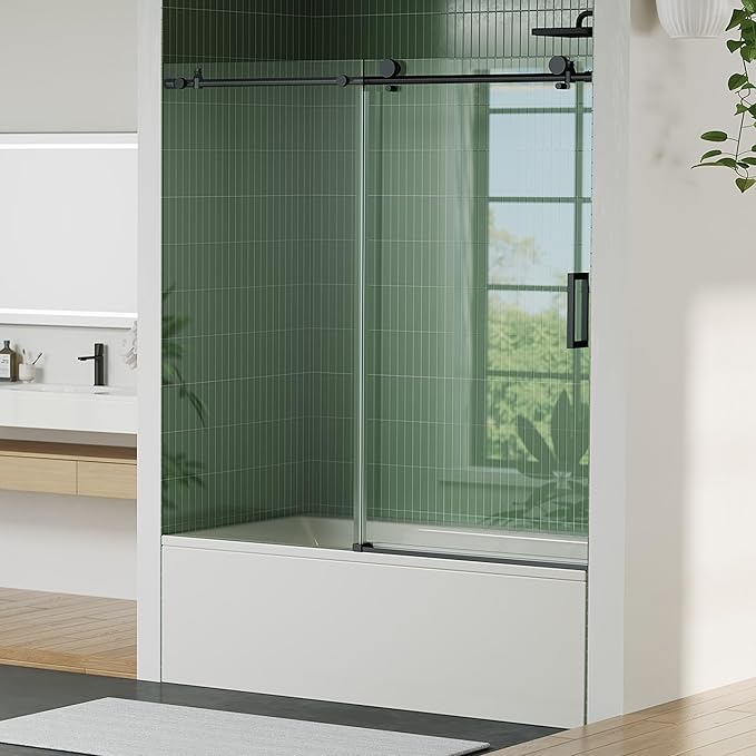 Bathtub Shower Door, 60" W x 59" H Sliding Glass Door with 6mm (1/4") SGCC Tempered Glass & Coating, Matte Black 304 Stainless Steel Top Rail, One Fixed One Sliding Panel
