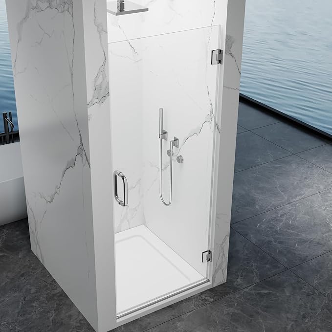 Framelss Hinged Shower Door, 32" W x 76" H Single Swing Pivot Shower Door, 3/8" (10mm) Tempered Glass with Nano Coating, Stainless Handle, Glass Door for Walk-in Shower - Bright Chrome