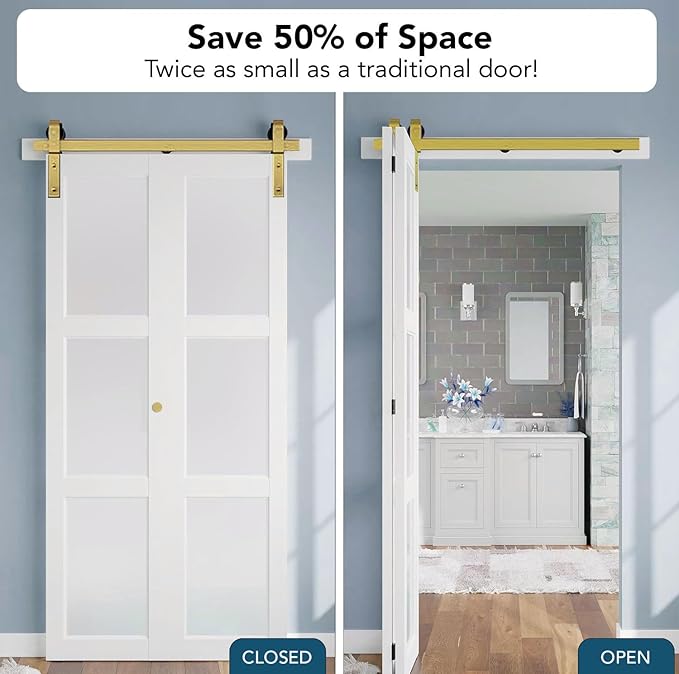 Rio Salto Gold Bifold Sliding Barn Door Hardware Kit Heavy Duty Metal Track System with Matching Knobs Gold Bi-Fold Barn Door Bifold Closet Doors, Bi-Folding 36" Track for 2 Doors, 2 Rollers No Door