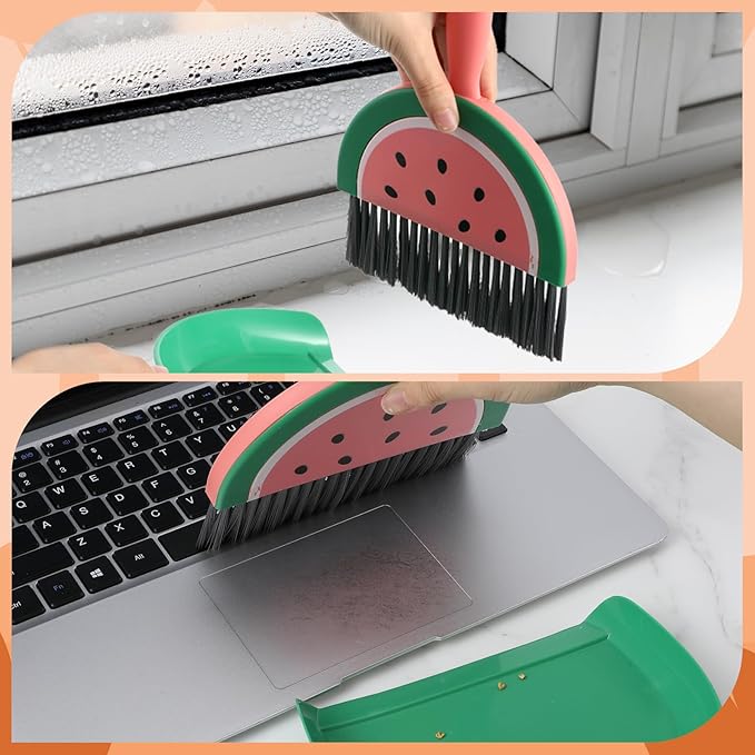 Ouligay Portable Small Broom and Dustpan Set with Durable Brush,Cute Mini Dustpan and Brush Sets, Lightweight Dust Pan and Broom Set for Desktop Small Space Cleaning(Watermelon)