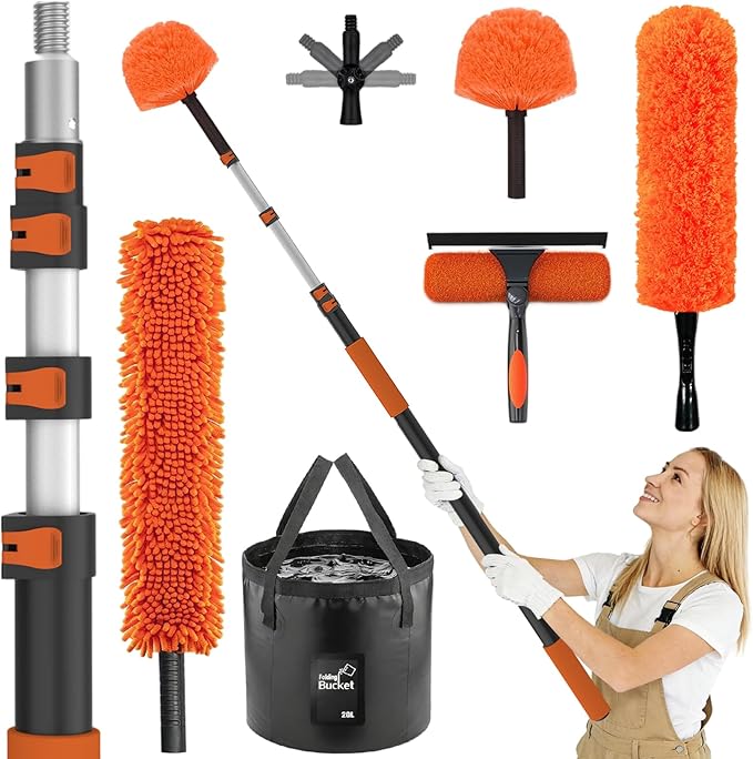 36FT High Reach Duster Cleaning Kit with Extension Pole, High Ceiling Fan Cleaner Duster Tool for Fan Blades, Window Washing Kit with Microfiber Feather Duster & Window Squeegee & Bucket