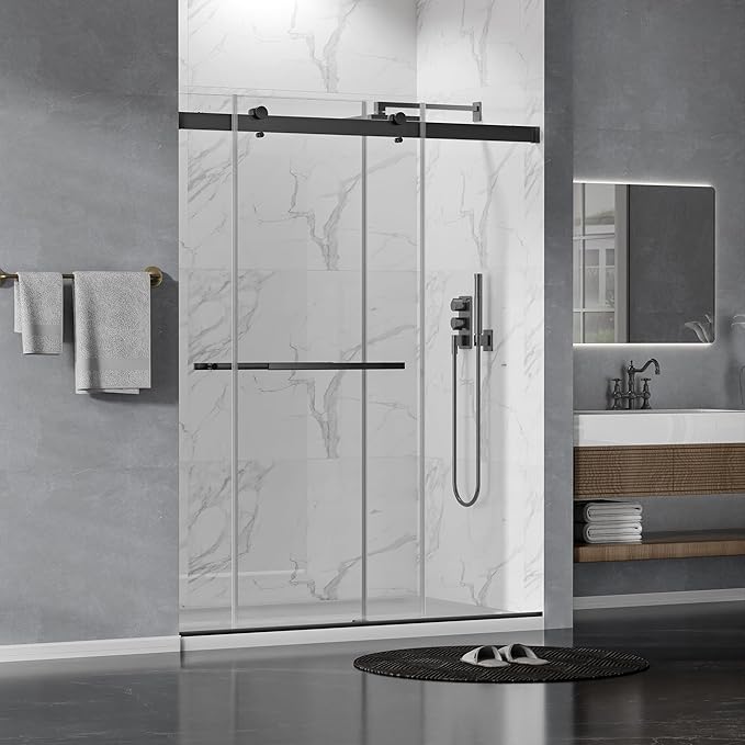 56"-60" W x 75" H Frameless Shower Door, Double Sliding Shower Door,5/16"(8mm) Clear Tempered Glass,Silent Soft-Close Design,Matte Black