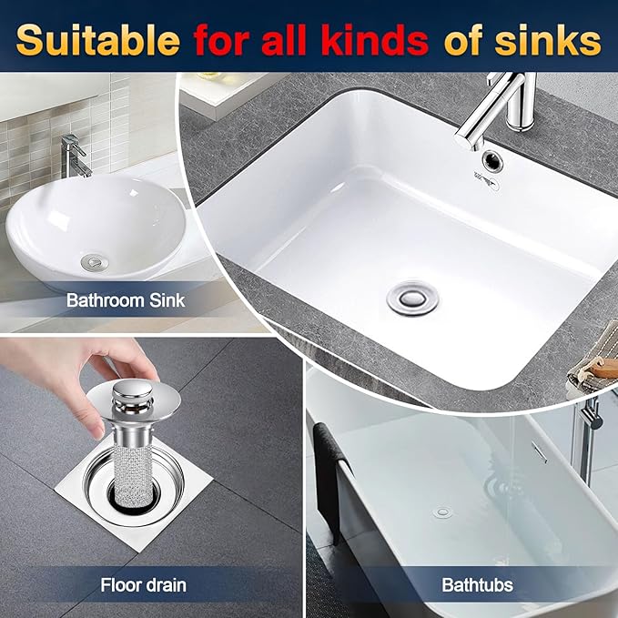 Bathroom Sink Drain Strainer, Pop Up Sink Drain Filter with Removable Stainless Steel Filter Basket Hair Catcher, Bathroom Sink Drain Stopper, for Us Bathroom Sink Stopper Replacement (1pcs)