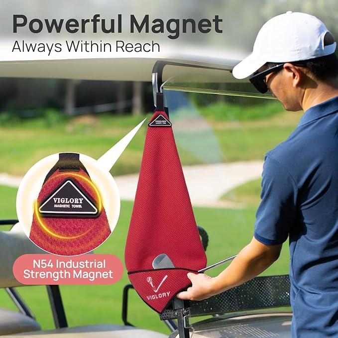 Magnetic Golf Towel - Exclusive Cleaning Pocket–18"x18"–Strong Magnet for Golf Cart or Clubs, Spot-Clean Design, Ultra Absorbent Waffle Microfiber–Golf Accessories & Gift for Men(Red 1 Pack)