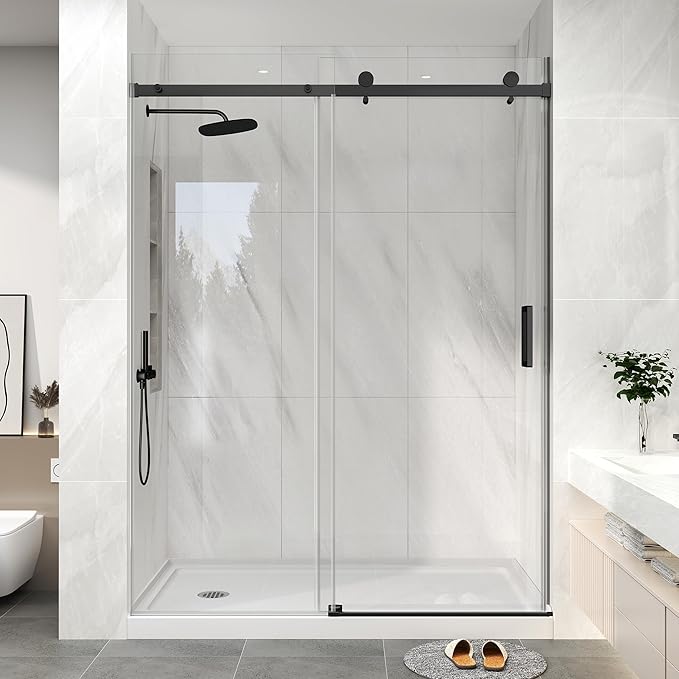 KPUY Frameless Shower Door, 55-60" W x 76" H Sliding Glass Shower Door, 1/4" (6mm) Thick Tempered Clear Glass with Explosion-Proof Film Nano Coating in Matte Black Finish