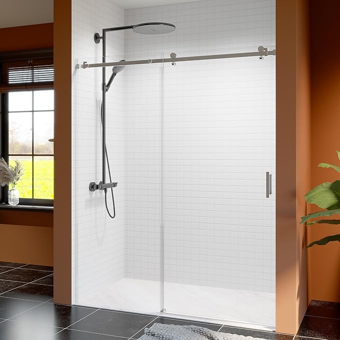 56-60 Inch Frameless Sliding Shower Door, 74" Height, 5/16" (8mm) Clear Tempered Glass, Smooth Gliding Track & Anti-Jumping System, Stainless Steel Chrome Finish