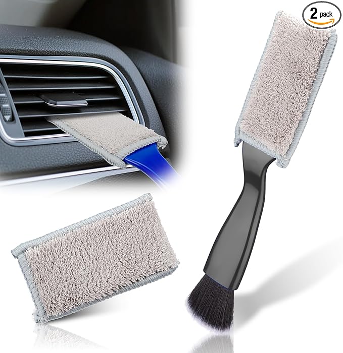 Double Head Brush for Car Clean, 2 in 1 Car Detailing Brush, Double Ended Portable Dust Brush with 2 Cleaning Cloth, Universal Dust Removal Brush for Air Conditioner Outlets, Dashboard Screen (Black)