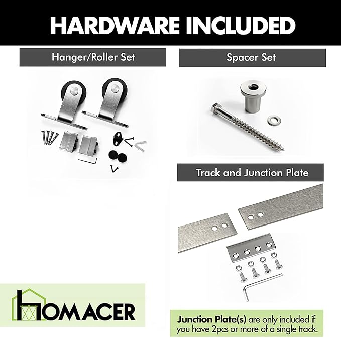 Homacer Brushed Nickel Non-Bypass Sliding Barn Door Hardware Kit, for One/Single Door, 12ft Long Flat Track, T-Shape Design Roller, Heavy Duty, for Interior & Exterior Use