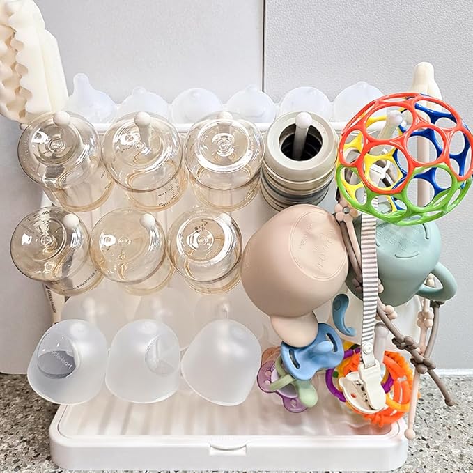 LUNELL Baby Bottle Drying Rack, Vertical Space-Saving Organizer for Countertop, Holds Bottles, Brushes, Pacifiers,Ivory White