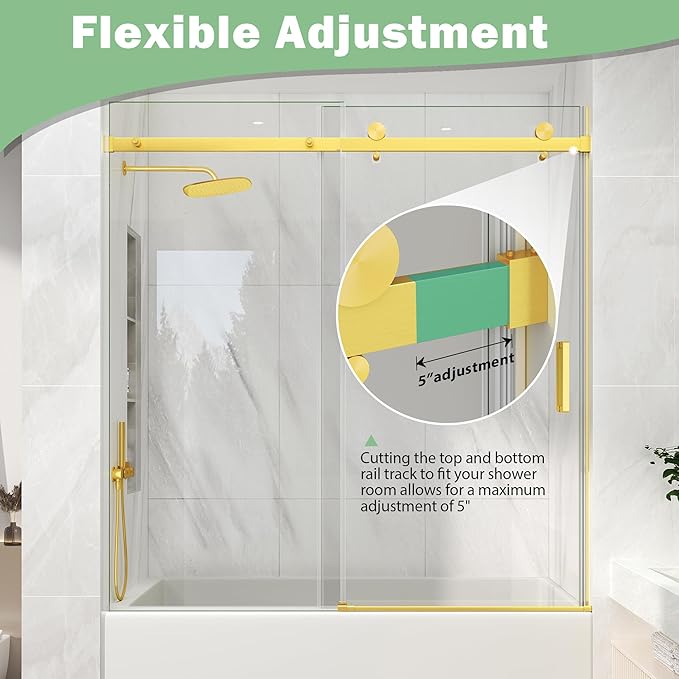 KPUY Frameless Sliding Bathtub Door, 55-60" W x 60" H Tub Shower Door, 1/4" (6mm) Thick Tempered Clear Glass with Explosion-Proof Film Nano Coating, Brushed Gold