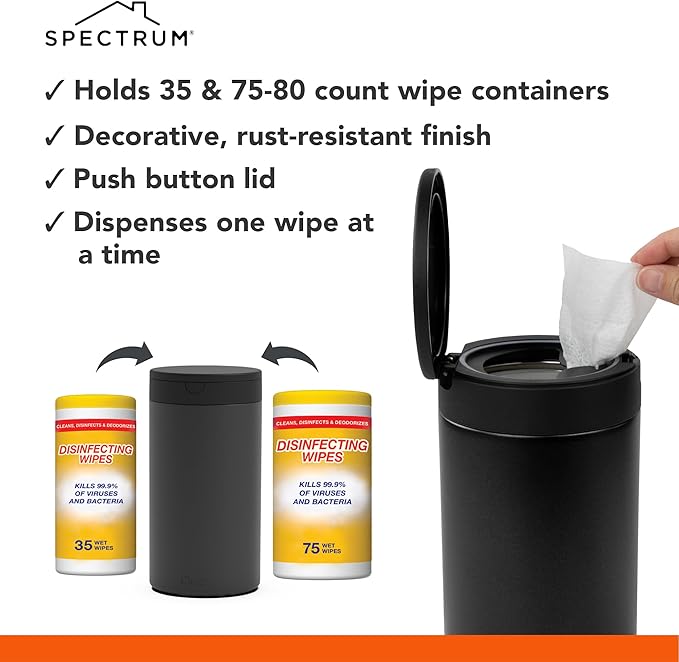 Spectrum Disinfecting Wipes Container Refillable Stainless Steel Wipe Holder for Bathroom Kitchen School Classroom, Reuseable Push Button Wet Wipe Dispenser for Disinfect Cleaning Countertop, Black