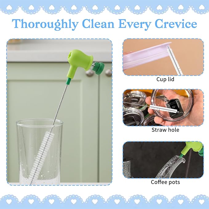 Straw Cleaner Brush Set: 3 Pcs Reusable Pea Long Straw Pipe Cleaner Brushes and 2 Pcs Cup Lid Cleaning Brush for Water Bottles and Tumblers