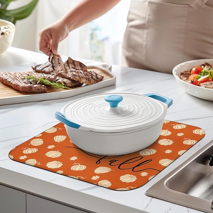 Fall Dish Drying Mat for Kitchen Counter,Orange Autumn Pumpkin Maple Leaf Pattern Microfiber Drying Mat,Washable Absorbent Countertop Harvest Thanksgiving Dish Mat Drain Mat,16x18 Inch