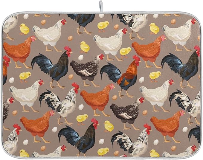 Hens Roosters Chicken Dish Drying Mat for Kitchen Counter Absorbent Microfiber Drying Pad, Medium 16x18 in, Reversible Drainer Mats