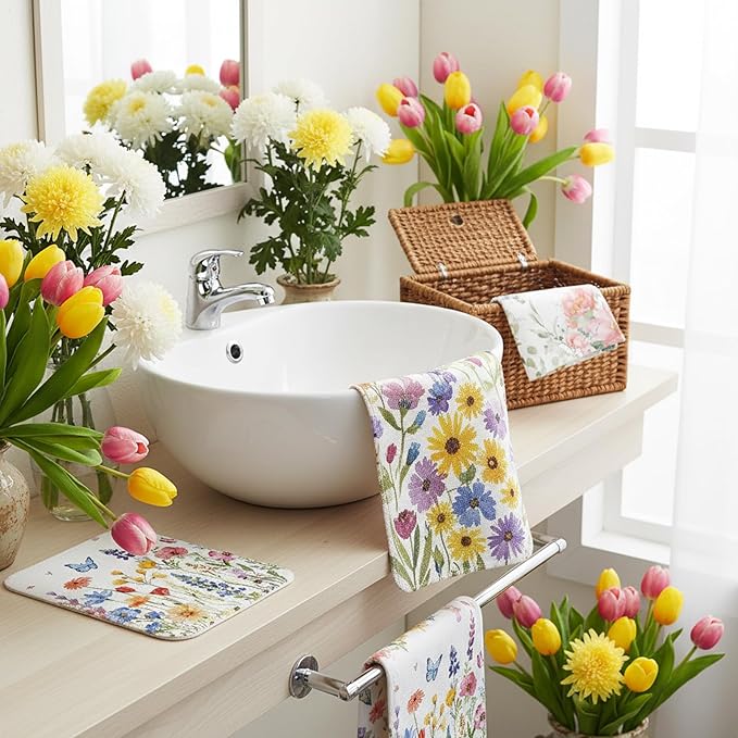 Tinlade 36 Pack Wildflower Reusable Cleaning Cloths Washable Kitchen Towels Bulk Absorbent Cotton Dish Towels for Home Cleaning Kitchen Spring Decor