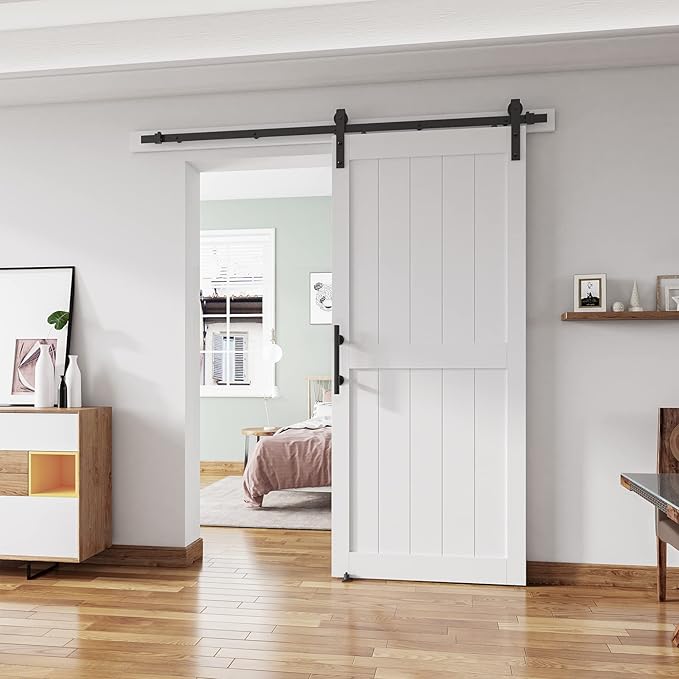 34''x84'' Sliding Barn Door with 6 Ft Barn Door Hardware Kit& Handle& Floor Guides,Pre-Drilled Holes Easy Assembly - Include Installation Manual, Water-Proof PVC Surface, H-Frame, White