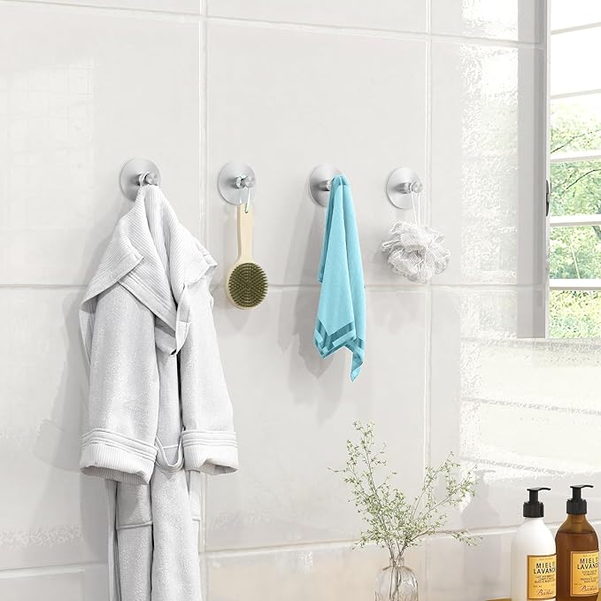 Adhesive Hooks for Walls No Damage 4 PCS, Heavy Duty Aluminum Strong Adhesive Towel Hooks for Bathrooms for Inside Shower for Hanging Loofah, Clothes, Robes